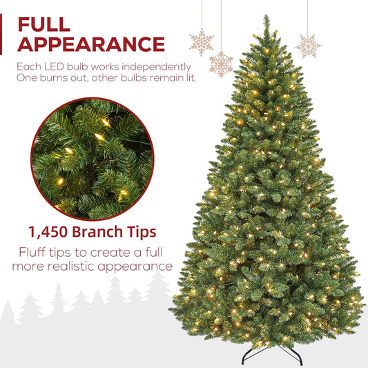 Hykolity 7.5 ft Prelit Christmas Tree with 1,450 Branch Tips, 450 Warm White Led Lights, Hinged Design and Sturdy Metal Stand