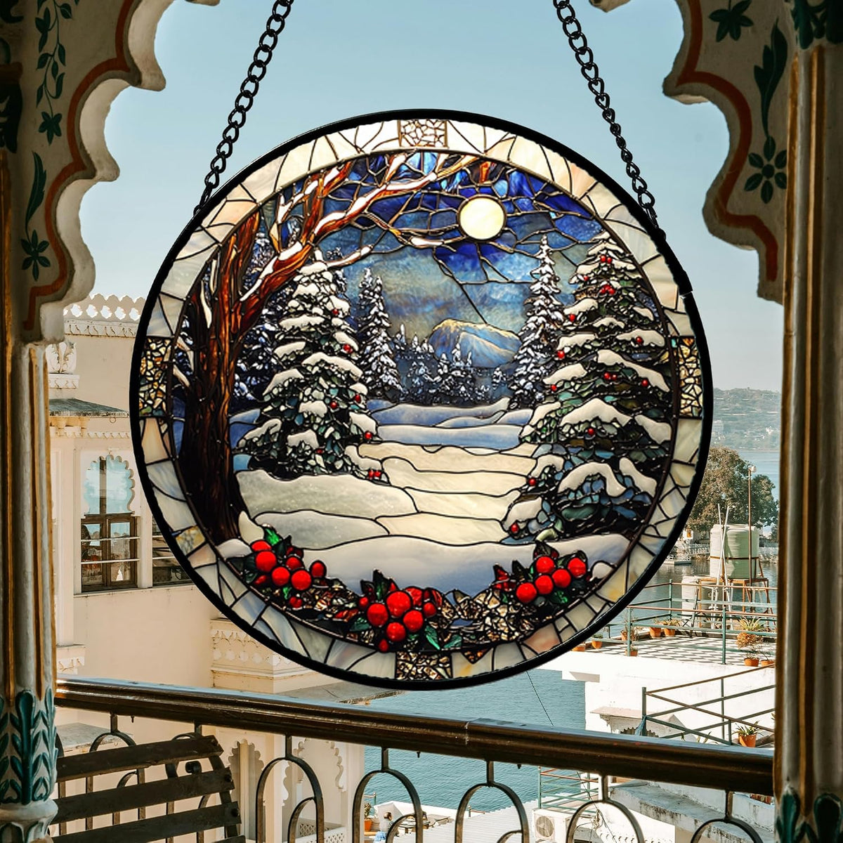 Winter Snow Night Scenery Stained Glass Window Hanging Suncatcher Gift 7.8"