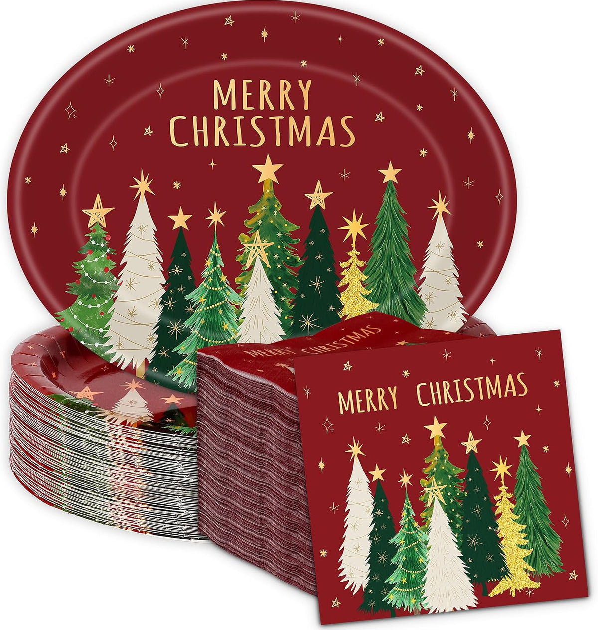 200Pcs Merry Christmas Paper Plates and Napkins ,Red Xmas Dinner Plates