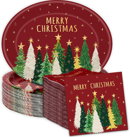 200Pcs Merry Christmas Paper Plates and Napkins ,Red Xmas Dinner Plates