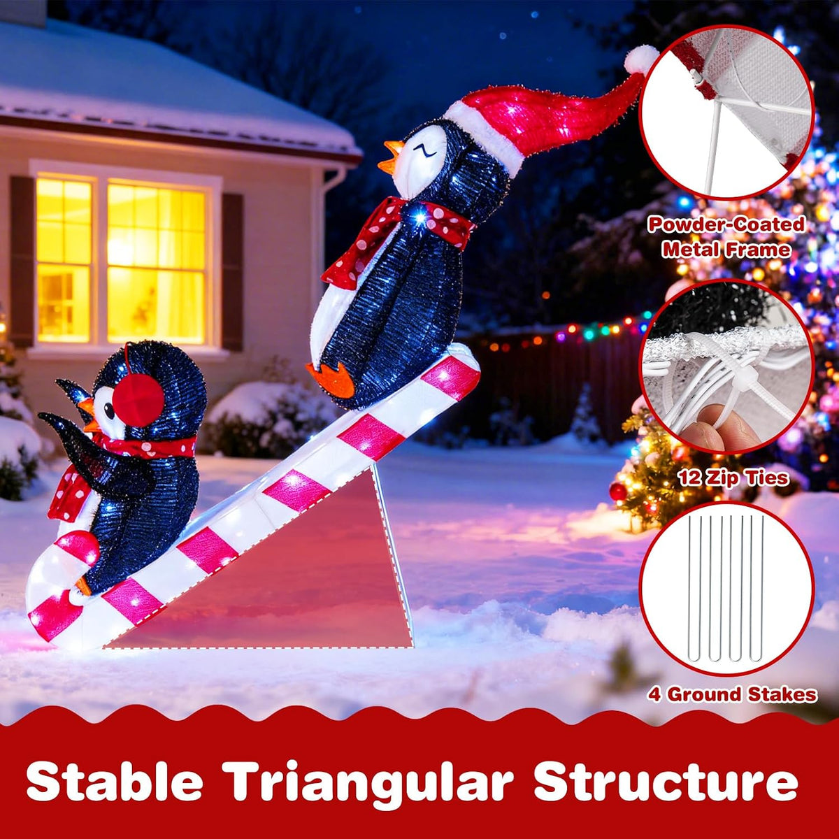 Tangkula Christmas Lighted Penguins Sliding Decoration, 3D Pre-Lit Penguins