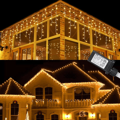 Toodour Christmas Icicle Lights Outdoor, 612 LED 50ft 8 Modes Fairy Icicle String Light with 102 Drops, Led Christmas Lights Twinkle for Holiday, Party, Wedding, Eaves, Xmas Decorations (Warm White)