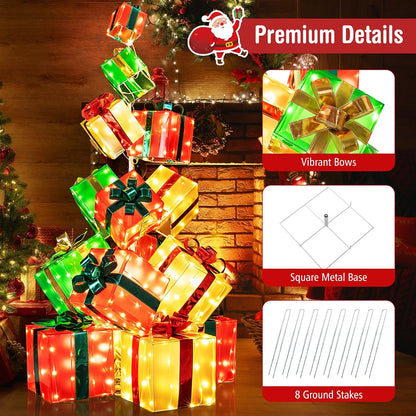 Tangkula 5.6 FT Christmas Lighted Gift Box Tower, 15 PCS Stacked Boxes Tree