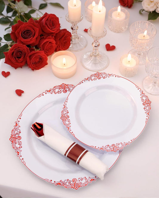 Nervure 350Pcs Red Plastic Plates, Plastic Dinnerware Set for 50 Guests
