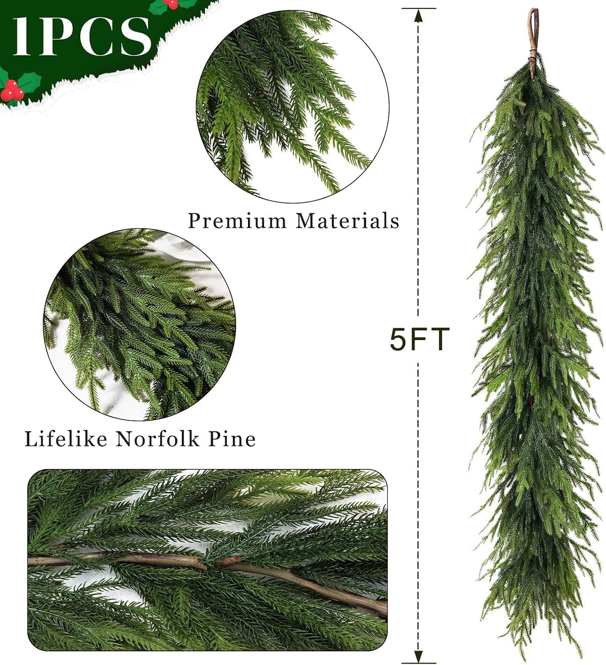 Artificial Christmas Garland, Faux Norfolk Pine for Mantle Decor (5FT 1PCS)