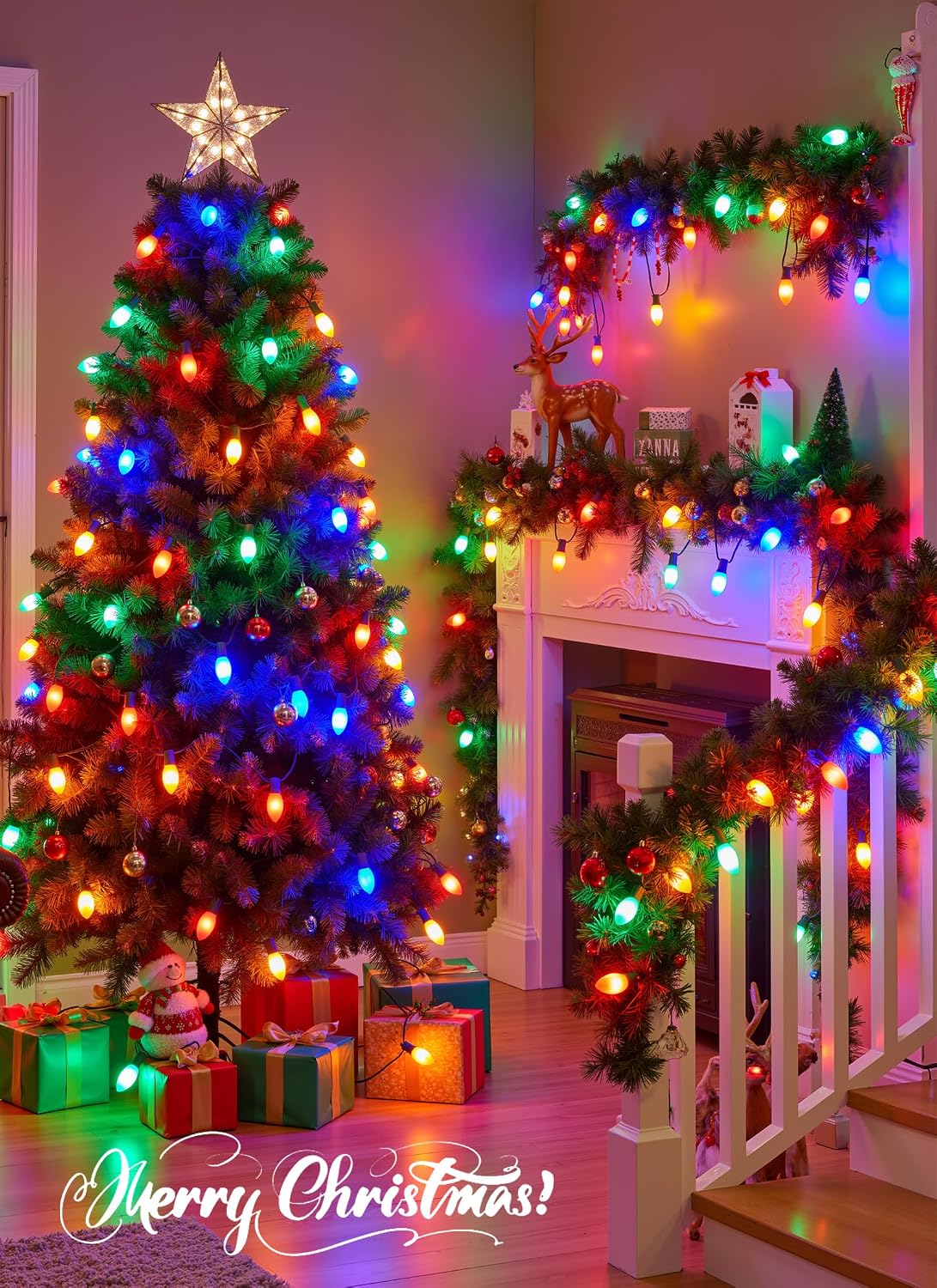 Minetom 50Ft Christmas Lights Outdoor, with 50 LED Matte Bulbs, Multicolor