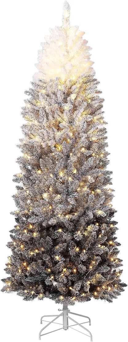 Garvee 6 ft Pencil Christmas Tree,Artificial Pre-Lit Christmas Tree,Realistic Frosted Xmas Tree Holiday Decoration, with LED Light and Metal Stand