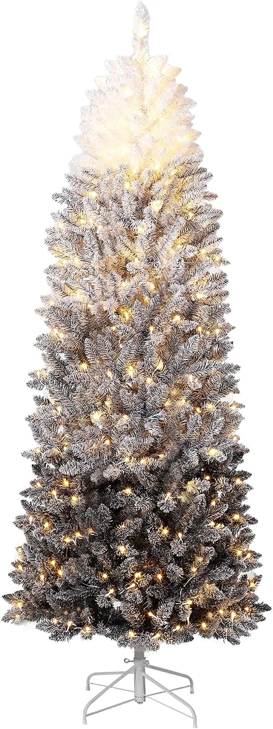 Garvee 6 ft Snow Flocked Pencil Christmas Tree, Slim Artificial Christmas Tree with Sturdy Metal Stand, Skinny Xmas Tree Holiday Decoration for Home, Office, Blue Gradient