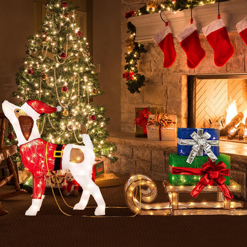 Tangkula Lighted Christmas Dog with Sleigh & Gift Boxes Combo Decorations, Xmas Lighted Indoor Decorations, Pre-lit Christmas Decoration with 170 Warm Bright Lights for Porch Garden Patio Yard