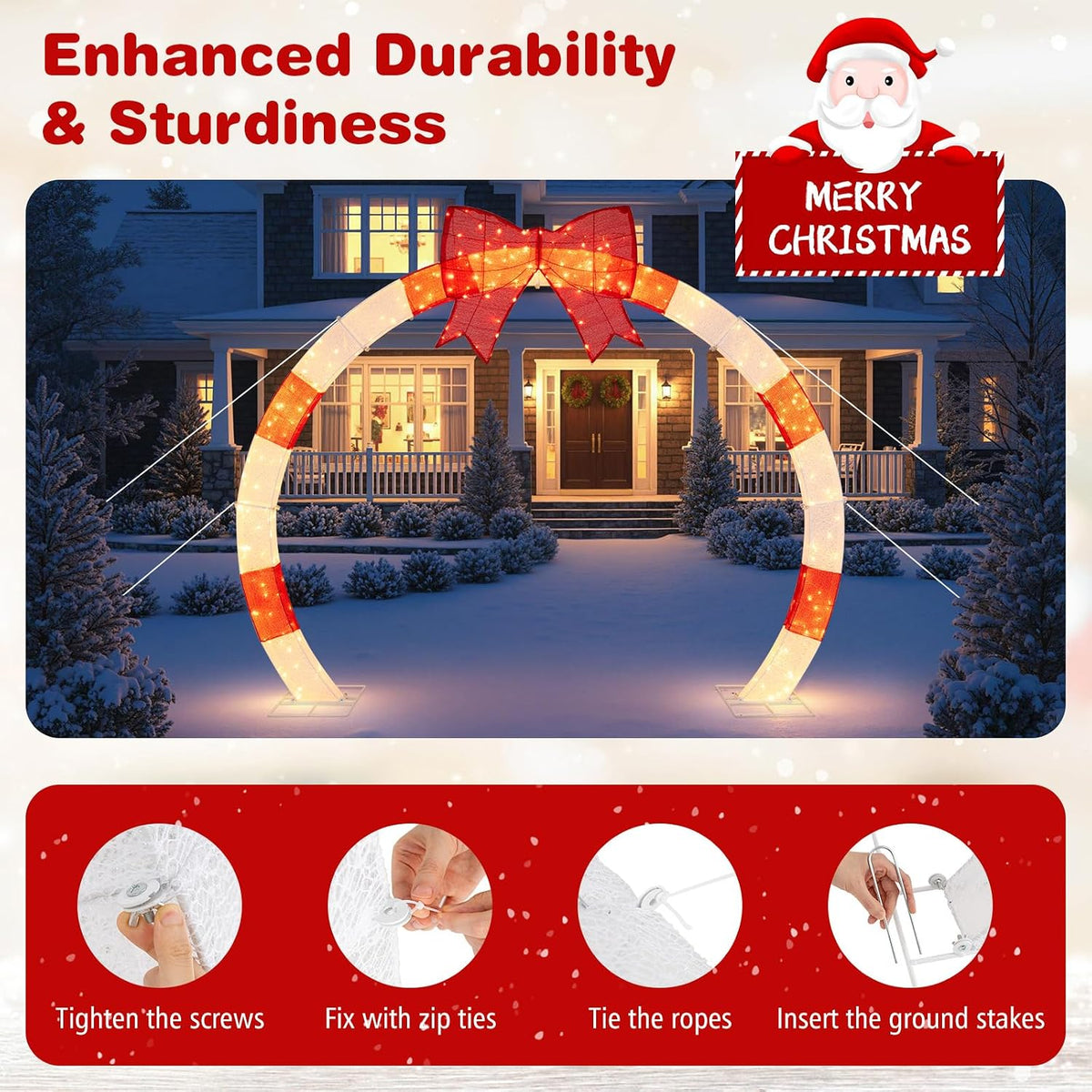 Tangkula 10.4 FT Outdoor Christmas Lighted Archway with Large Red Bow