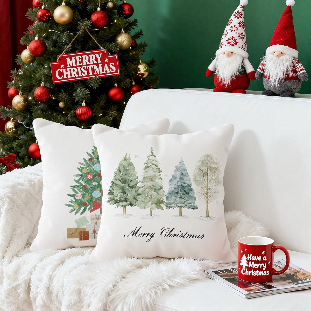 Christmas Decorations - Set of 4 Double-Sided Print Christmas Pillow Covers