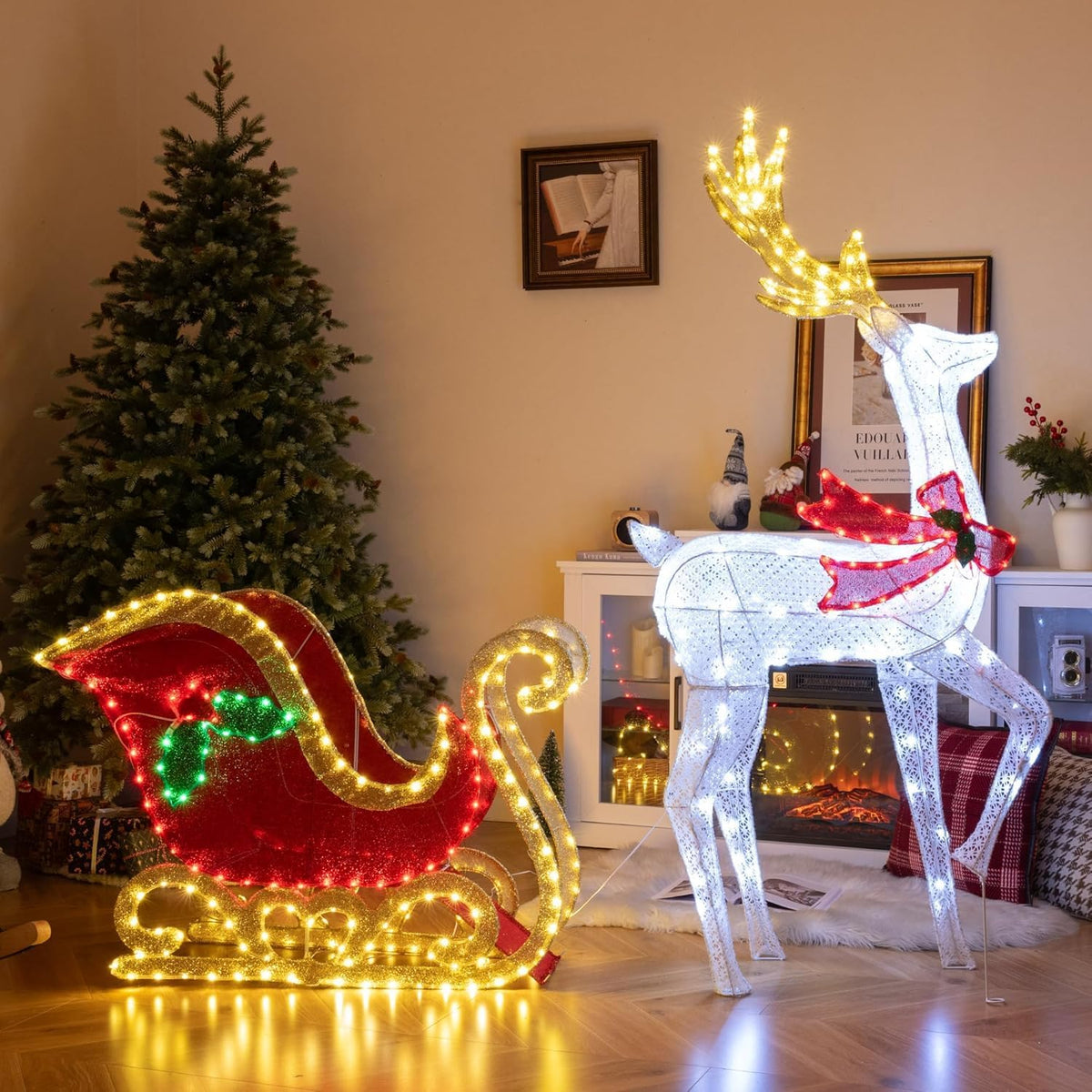Tangkula 5.4 FT Christmas Lighted Reindeer & Santa’s Sleigh Set Decorations