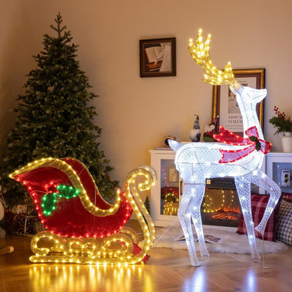 Tangkula 5.4 FT Christmas Lighted Reindeer & Santa’s Sleigh Set Decorations