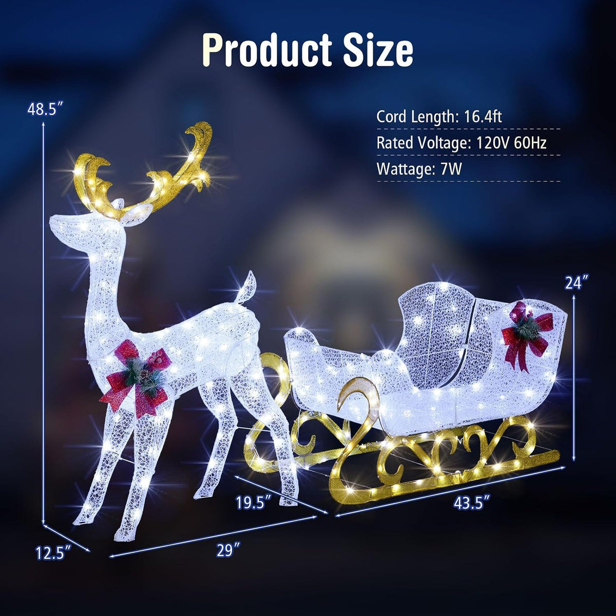 Tangkula 6 FT Christmas Lighted Reindeer & Santa’s Sleigh Set, Cold White