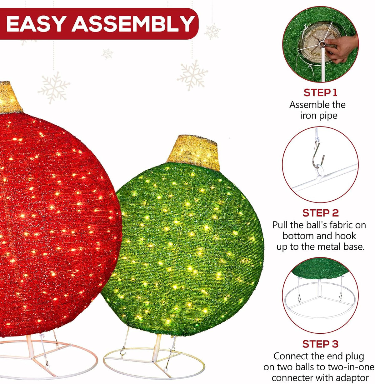 Hykolity 2 Pack 30" + 24" Pop-Up Pre-Lit Outdoor Christmas Ornament Set, Holiday Ball Decoration with 230 Warm White LEDs, 8 Light Modes & 18H Timer, Red & Green