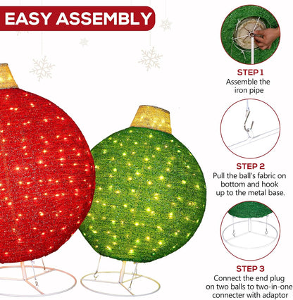 Hykolity 2 Pack 30" + 24" Pop-Up Pre-Lit Outdoor Christmas Ornament Set, Holiday Ball Decoration with 230 Warm White LEDs, 8 Light Modes & 18H Timer, Red & Green