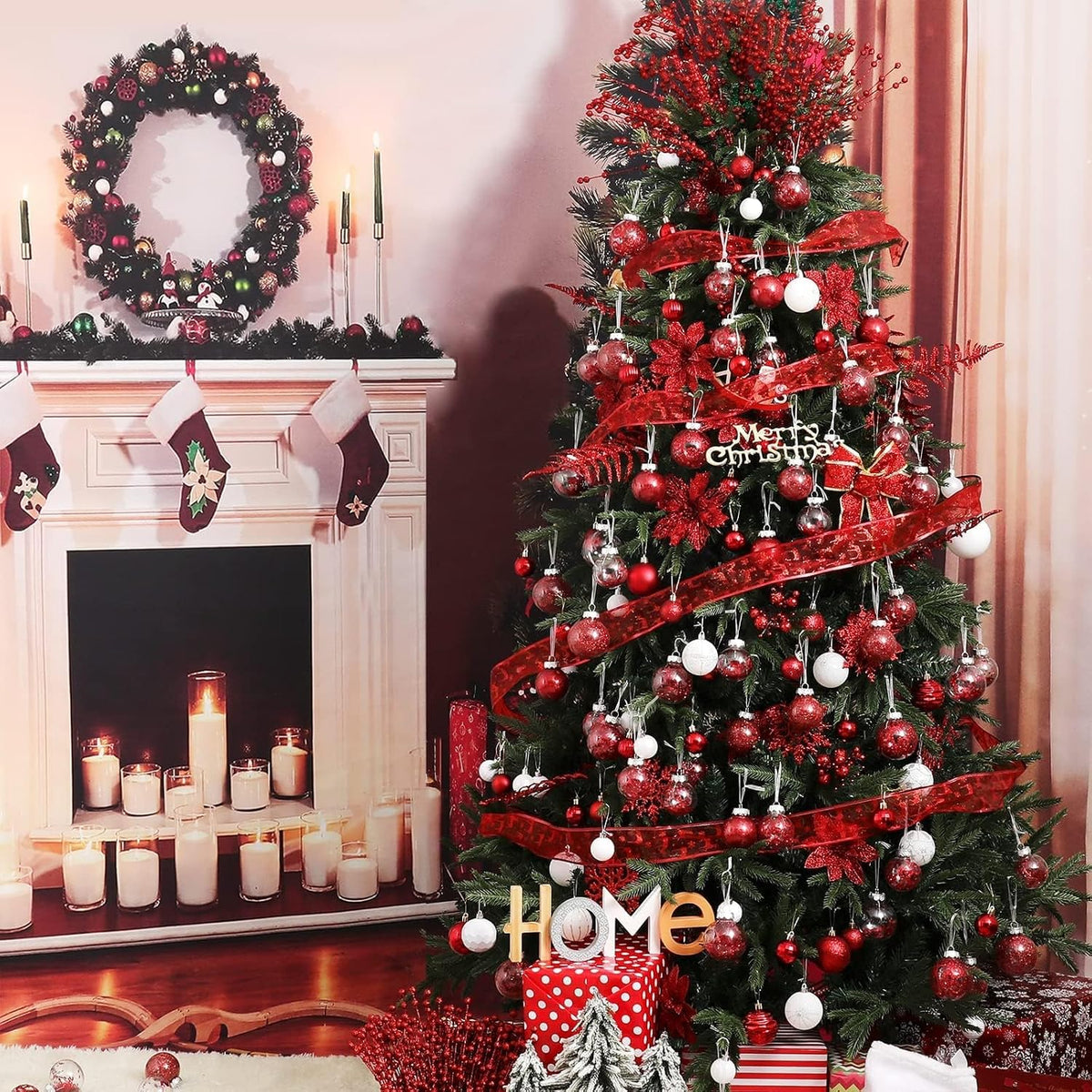 Wironlst Christmas Ball Ornaments Shatterproof Clear Large Plastic Hanging Ball Decorative Baubles Set with Stuffed Delicate Decorations (Multi-Size, Red)