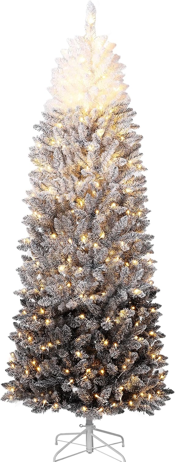 Garvee 6 ft Pencil Christmas Tree,Artificial Pre-Lit Christmas Tree,Realistic Frosted Xmas Tree Holiday Decoration, with LED Light and Metal Stand