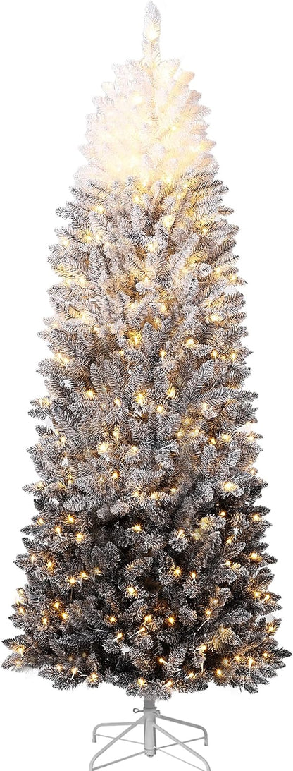 Garvee 6 ft Snow Flocked Pencil Christmas Tree, Slim Artificial Christmas Tree with Sturdy Metal Stand, Skinny Xmas Tree Holiday Decoration for Home, Office, Purple Gradient
