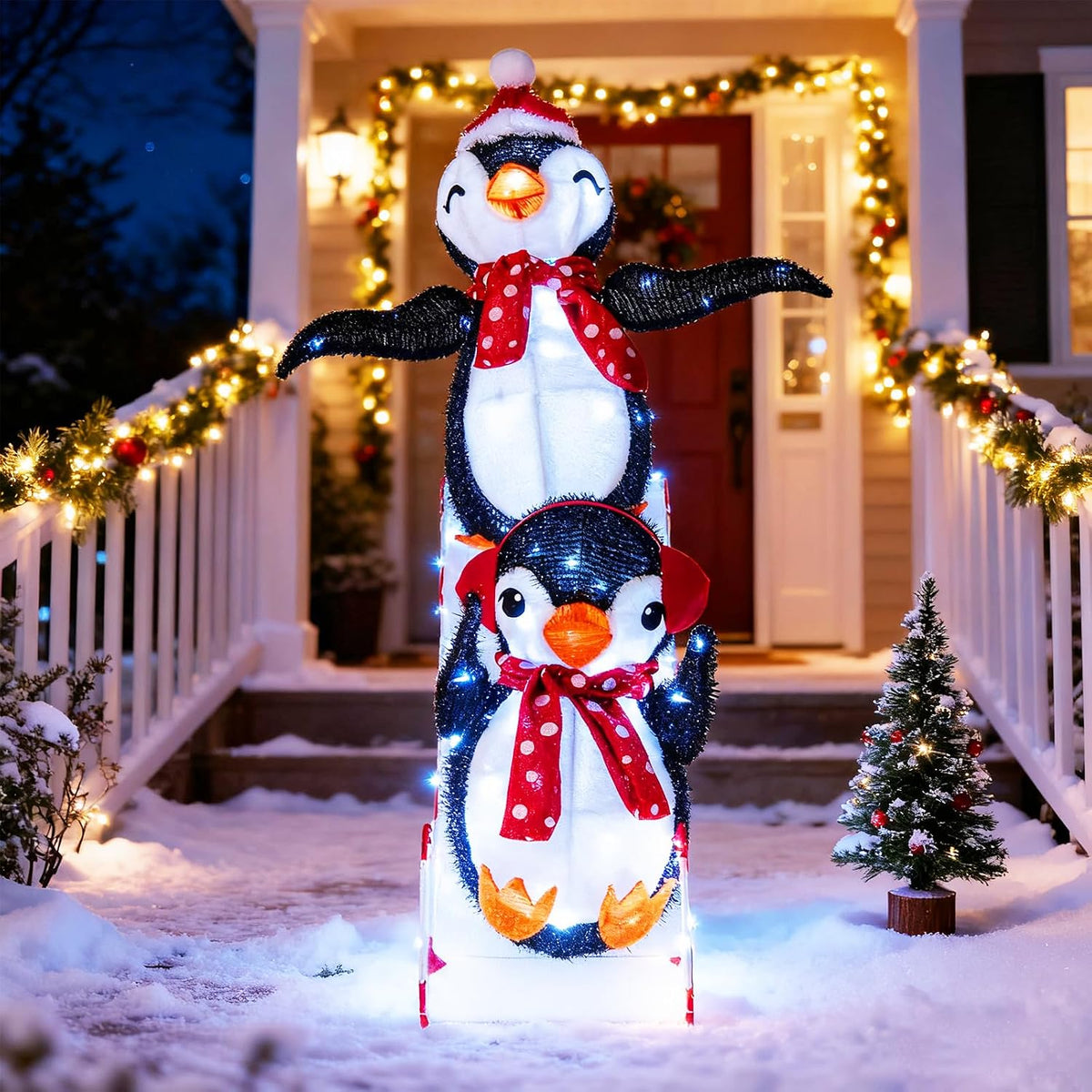 Tangkula Christmas Lighted Penguins Sliding Decoration, 3D Pre-Lit Penguins