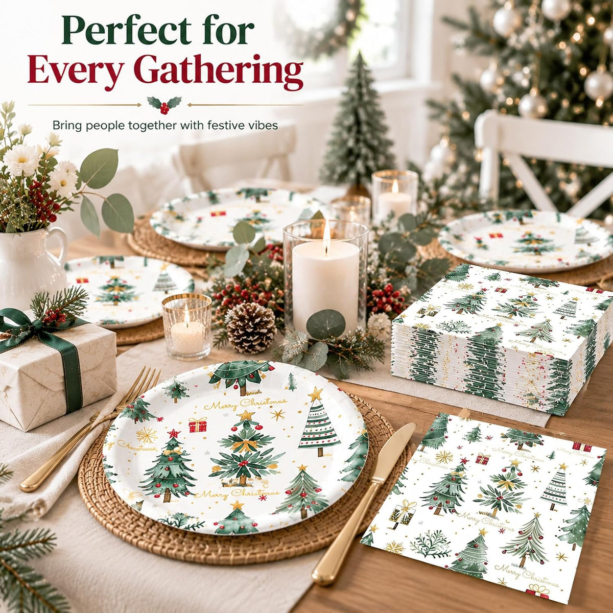 Merry Christmas Plates and Napkins Set, 7inch Xmas Tree Party Decorations
