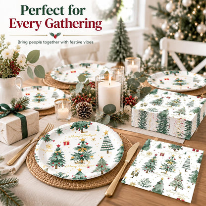 Merry Christmas Plates and Napkins Set, 7inch Xmas Tree Party Decorations