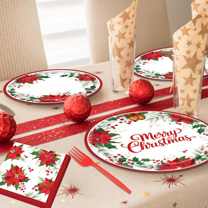 96 Pieces Christmas Poinsettia Tableware Set – Merry Christmas Disposable Plates, Napkins, Forks Party Supplies with Holiday Flower and Holly Designs for Xmas Parties Celebrations – Serves 24 Guests
