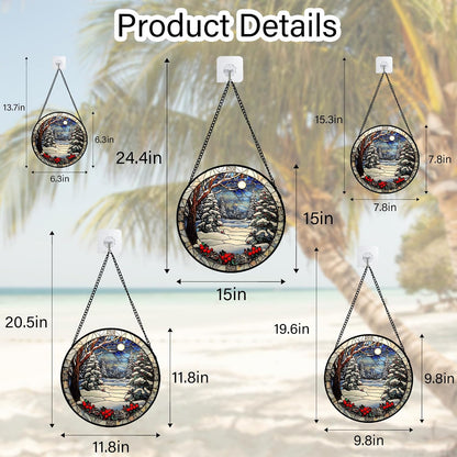Winter Snow Night Scenery Stained Glass Window Hanging Suncatcher Gift 12"