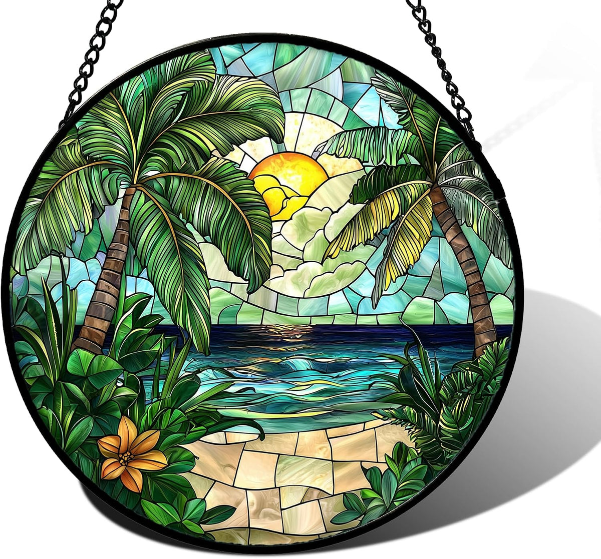 Winter Snow Night Scenery Stained Glass Window Hanging Suncatcher Gift 7.8"