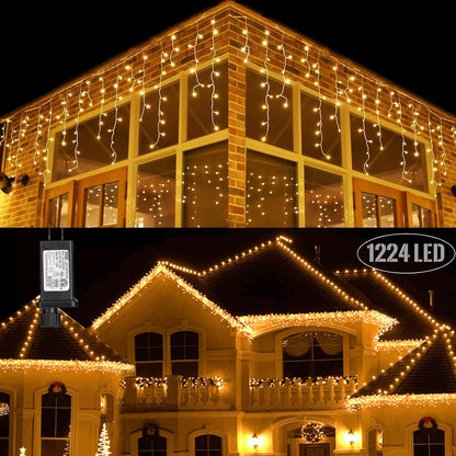 Toodour Christmas Icicle Lights Outdoor, 612 LED 50ft 8 Modes Fairy Icicle String Light with 102 Drops, Led Christmas Lights Twinkle for Holiday, Party, Wedding, Eaves, Xmas Decorations (Warm White)