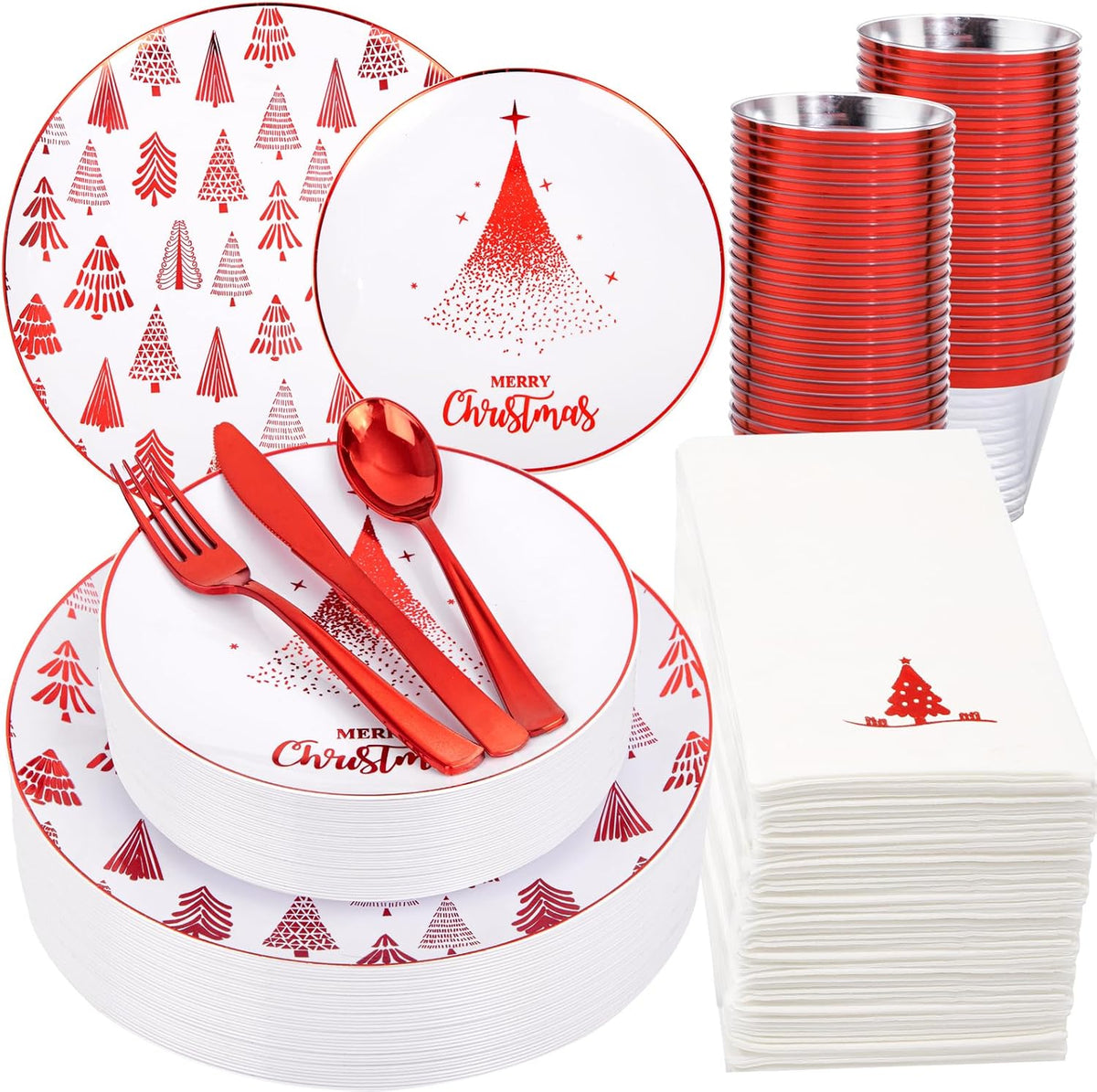 Nervure 175Pcs Red Plastic Plates, Red Plastic Dinnerware Set for 25 Guests