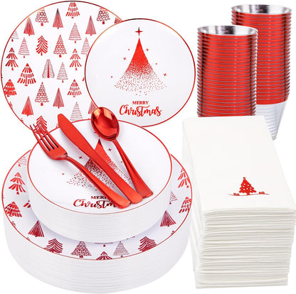 Nervure 175Pcs Red Plastic Plates, Red Plastic Dinnerware Set for 25 Guests