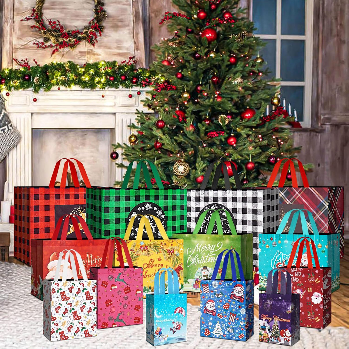 Heetobcos 12 Pack Christmas Gift Bags 13” Large Reusable Tote Bags