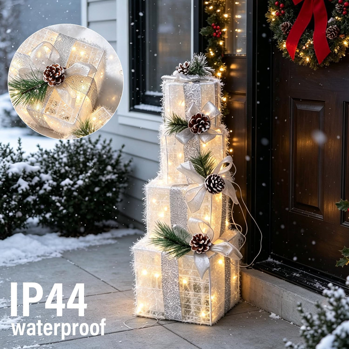 Hourleey Set of 4 Christmas Lighted Gift Boxes Warm White 70 LED Pre-lit