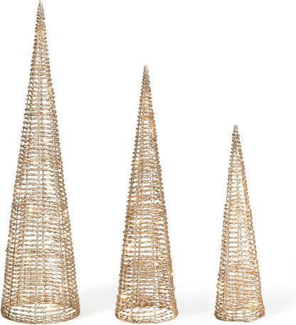 Glitzhome Lighted Christmas Crystal Cone Tree, with 65 LED Lights Warm White Holiday Christmas Decorations pre-lit Lawn Yard Decoration Festival Outdoor and Indoor use Long-Lasting, Gold, Set of 3