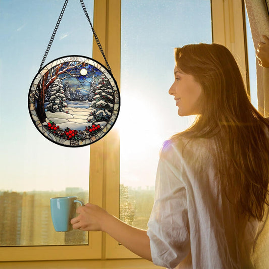 Winter Snow Night Scenery Stained Glass Window Hanging Suncatcher Gift 6.3"