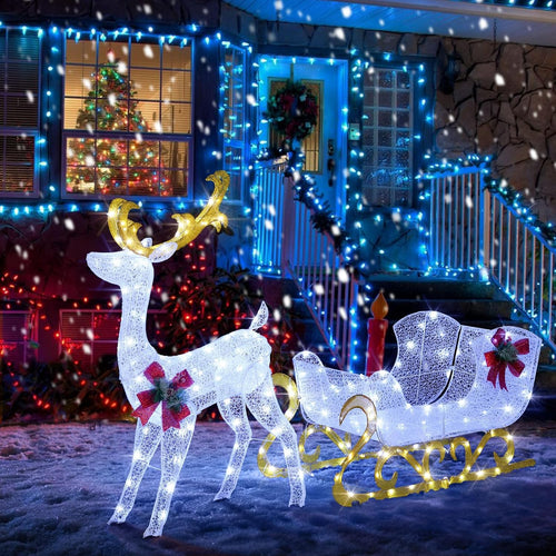 Tangkula 6 FT Christmas Lighted Reindeer & Santa’s Sleigh Set, Cold White