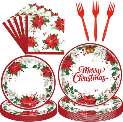 96 Pieces Christmas Poinsettia Tableware Set – Merry Christmas Disposable Plates, Napkins, Forks Party Supplies with Holiday Flower and Holly Designs for Xmas Parties Celebrations – Serves 24 Guests