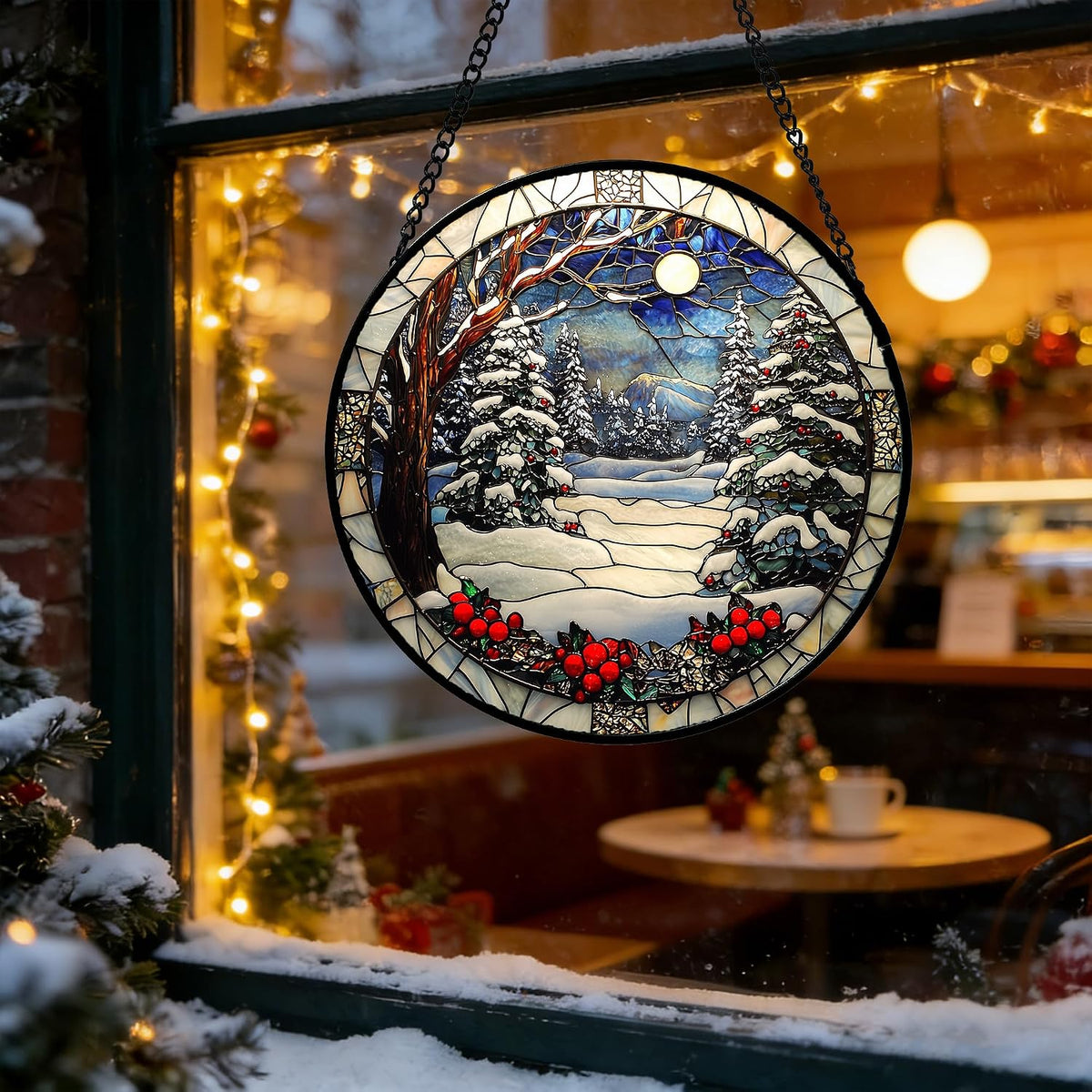 Winter Snow Night Scenery Stained Glass Window Hanging Suncatcher Gift 12"