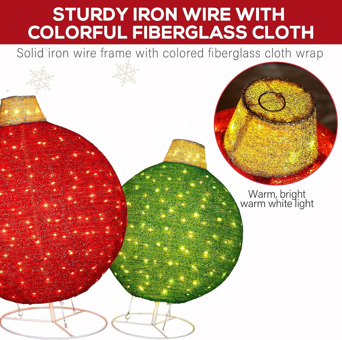 Hykolity 2 Pack 30" + 24" Pop-Up Pre-Lit Outdoor Christmas Ornament Set, Holiday Ball Decoration with 230 Warm White LEDs, 8 Light Modes & 18H Timer, Red & Green