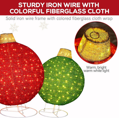 Hykolity 2 Pack 30" + 24" Pop-Up Pre-Lit Outdoor Christmas Ornament Set, Holiday Ball Decoration with 230 Warm White LEDs, 8 Light Modes & 18H Timer, Red & Green