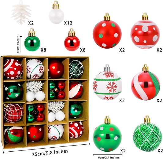 42Ct Red Green White Tree Ball With Gift Boxes, Assorted Ornaments Pendants, 2.4" Shatterproof Shine Ball Decoration for Christmas Holiday Indoor Outdoor