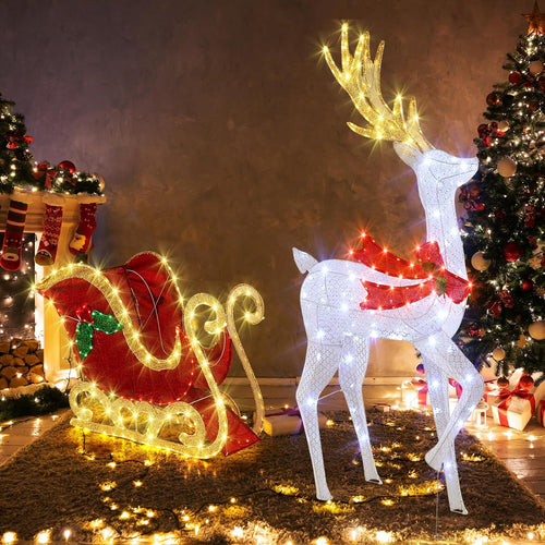 Tangkula 5.4 FT Christmas Lighted Reindeer & Santa’s Sleigh Set Decorations