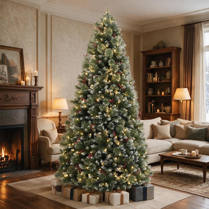 6FT Flocked Prelit Christmas Tree with Pine Needles&Red Berries