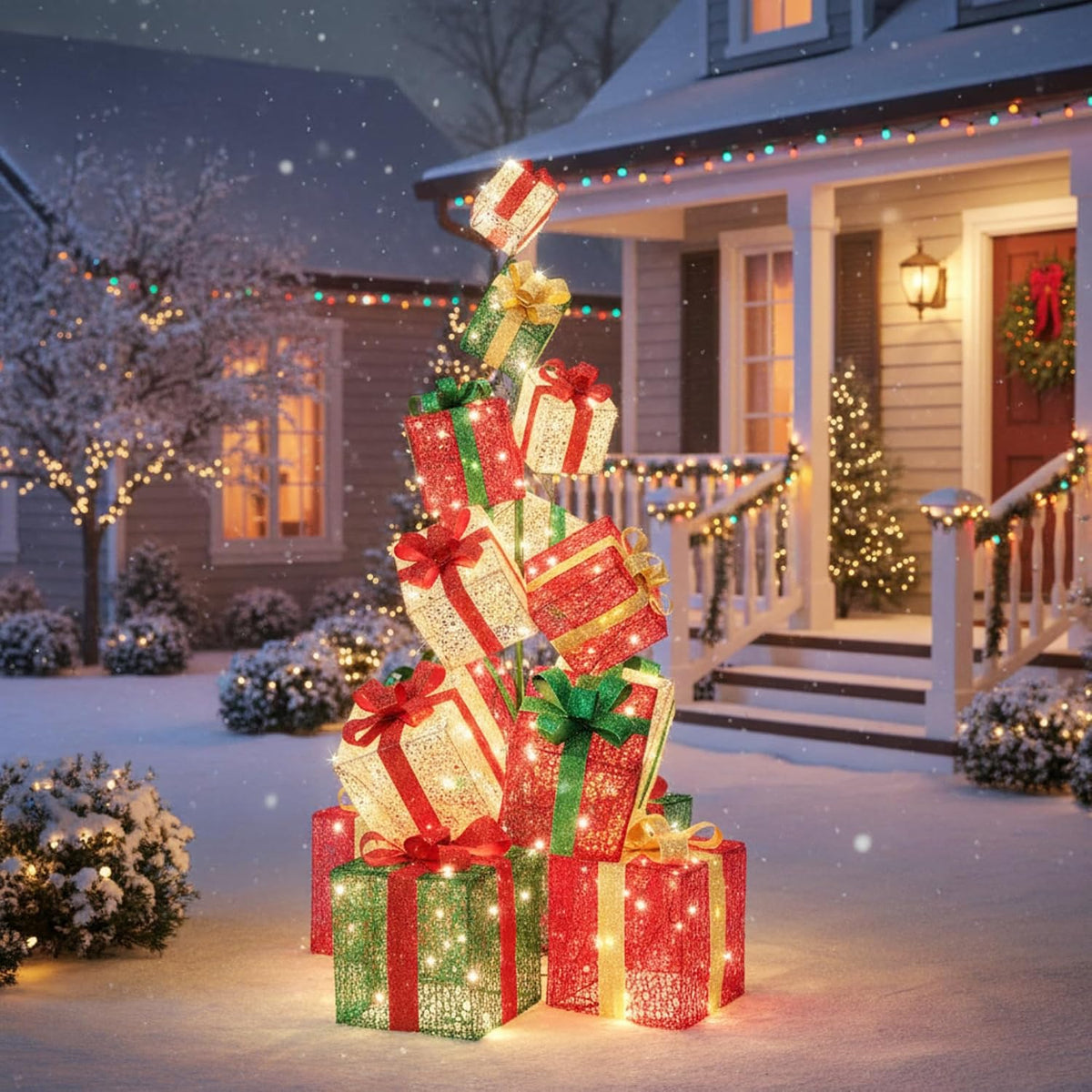 Tangkula 5.6 FT Christmas Lighted Gift Box Tower, 15 PCS Stacked Boxes Tree