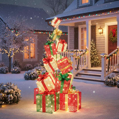 Tangkula 5.6 FT Christmas Lighted Gift Box Tower, 15 PCS Stacked Boxes Tree
