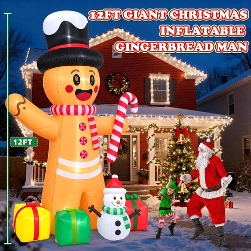 12FT Giant Christmas Inflatables Animated Gingerbread Man with LED Light,Outdoor Blow up Yard Decoration for Holiday Garden Decor