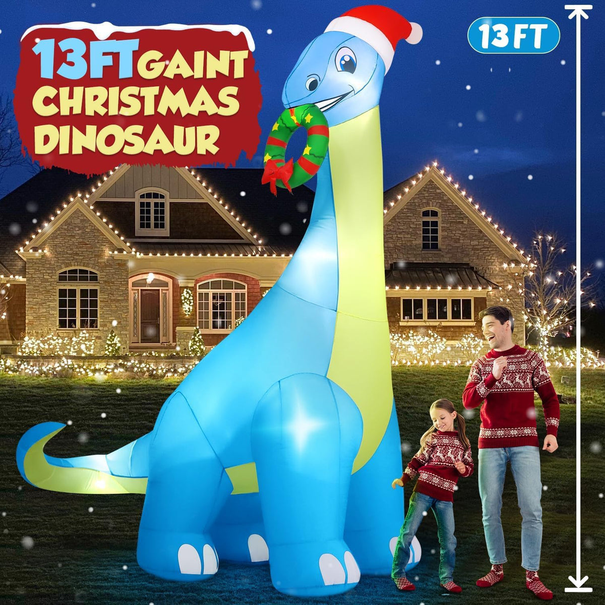13FT Giant Christmas Inflatables Decoration Dinosaur Built-in Bright LED Lights & Extra Strong Blower Blow Up Yard Decoration Blowups with Large Huge Xmas Wreath Hat for Holiday Party Xmas New Year