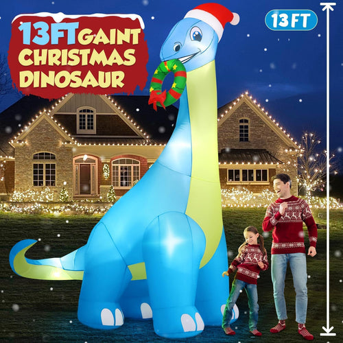 13FT Giant Christmas Inflatables Decoration Dinosaur Built-in Bright LED Lights & Extra Strong Blower Blow Up Yard Decoration Blowups with Large Huge Xmas Wreath Hat for Holiday Party Xmas New Year