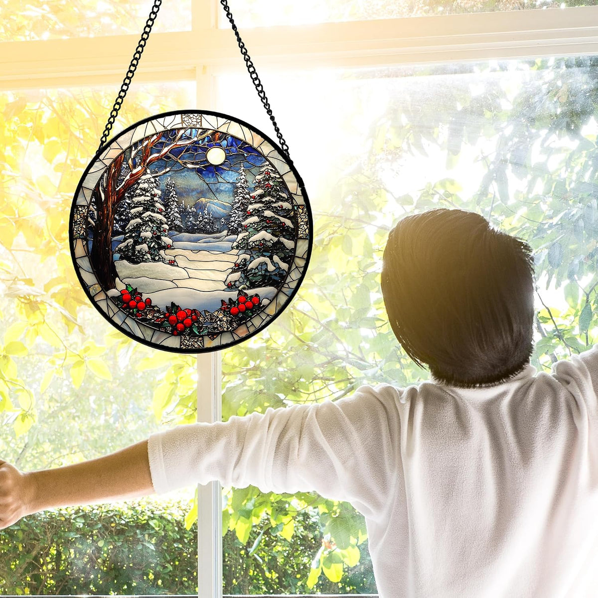 Winter Snow Night Scenery Stained Glass Window Hanging Suncatcher Gift 7.8"